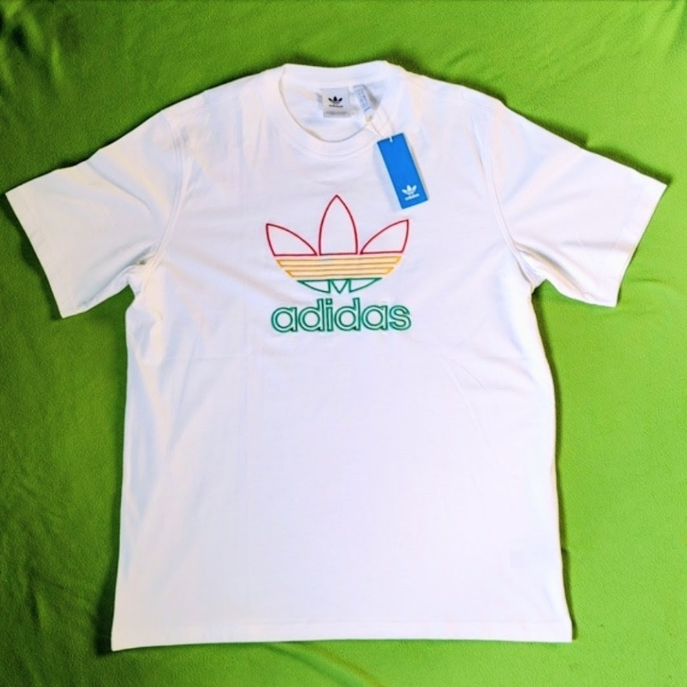 Adidas Rasta White Tee with Red Gold And Green Embroidered Logo Large KC5972
